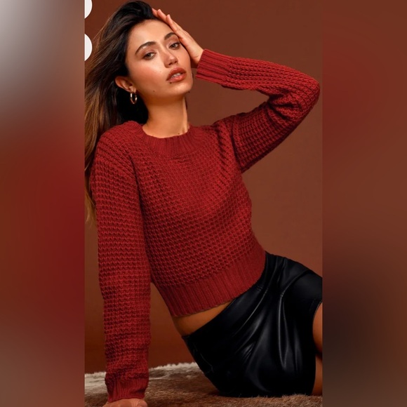 LULU'S Campfire Cozy Brick Red Cropped Sweater - Picture 4 of 11